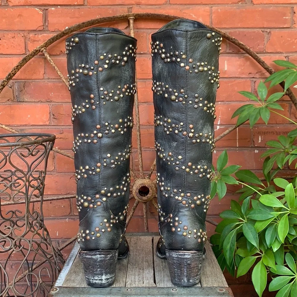 OLD GRINGO Rare Tall Studded Black Leather Cowgirl Western Boots Size 6 - Picture 6 of 12